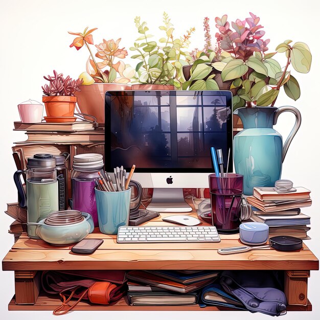 Photo a computer desk with a plant on the top of it