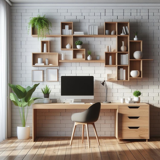 a computer desk with a plant on the top of it