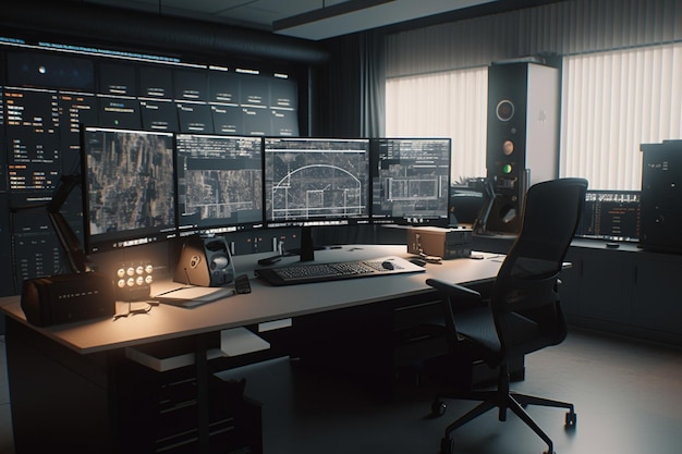 A computer desk with three monitors and a black chair with the words'cyberpunk'on the top.