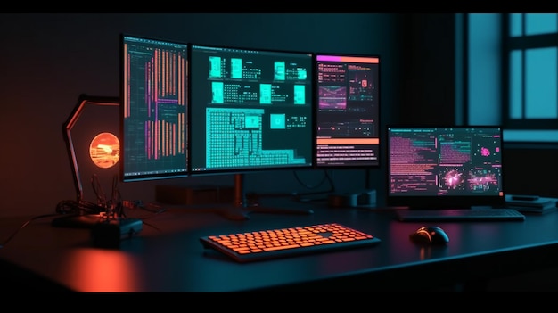 A computer desk with three monitors and a keyboard that says code on it.