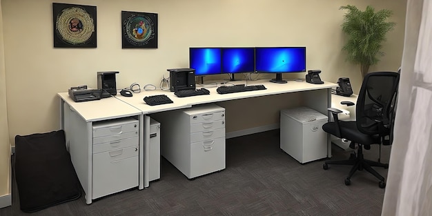 A computer desk with two monitors and a framed picture of a mission sign.