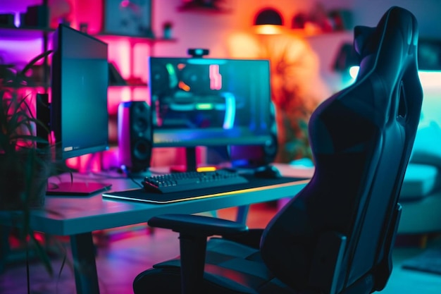 a computer desk with two monitors and a keyboard