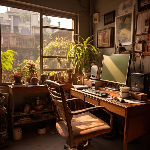 a computer desk with a window that says  the letter t  on it