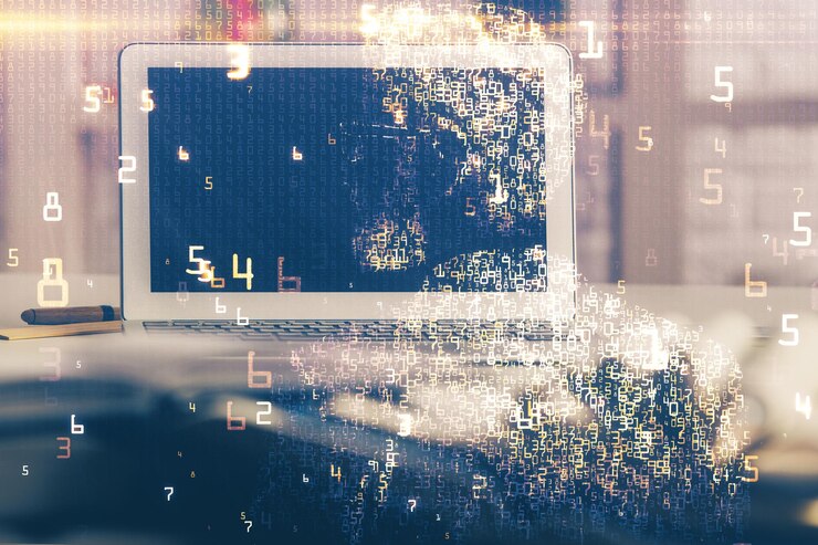 Photo computer on desktop in office with technology theme hologram double exposure tech concept