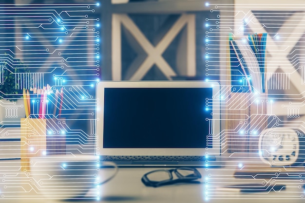 オフィスのデスクトップ上のコンピューター 技術テーマのホログラム ダブルエクスポージャー テクノロジーコンセプト