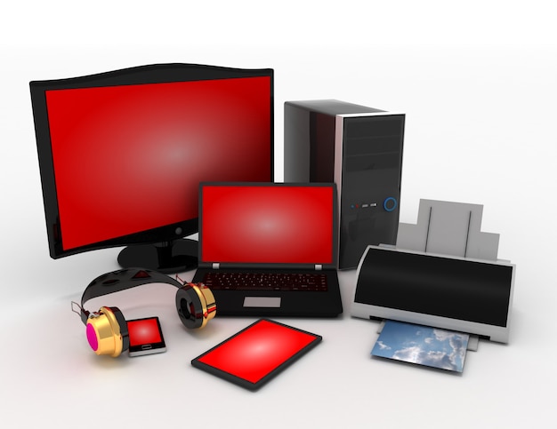 Computer devices and office equipment. 3d rendered illustration