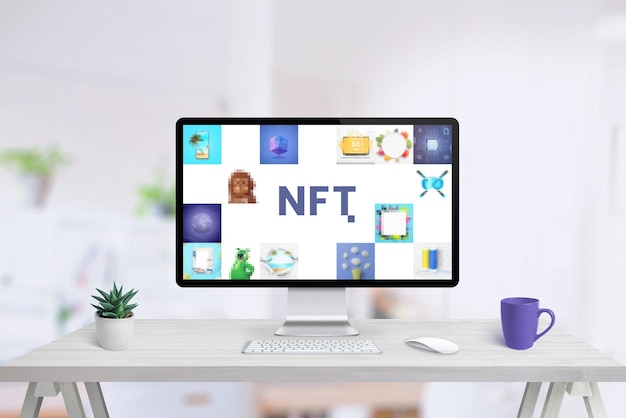 Computer display on work desk with NFT art concept Nonfungible token composition concept