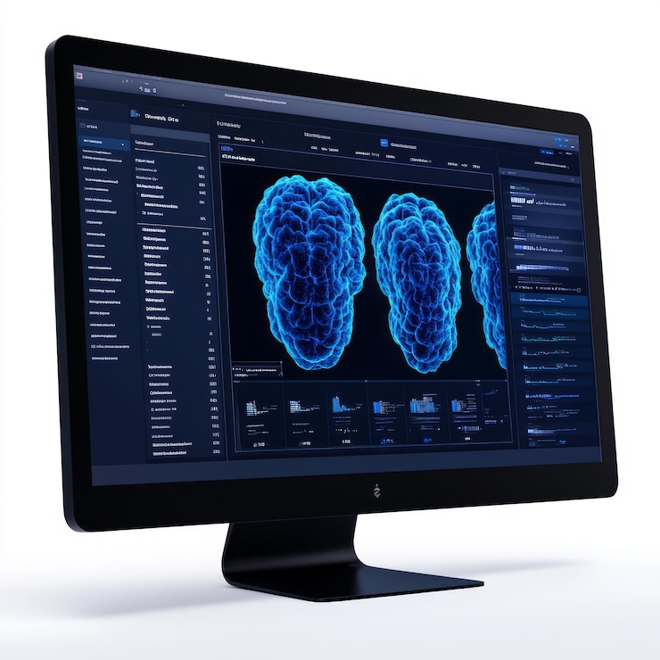 Photo computer displaying 3d brain scans for analysis and research