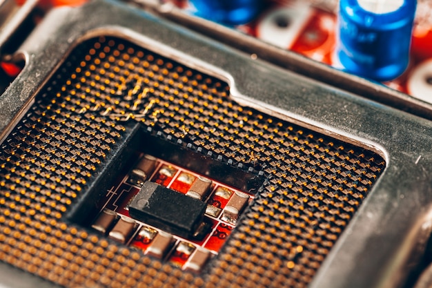 Computer electronic circuit board with processor close up