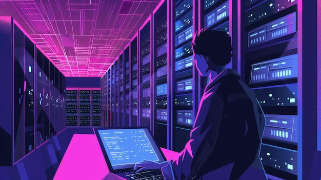 computer engineer optimizing database performance on a laptop with an extensive array of data servers in the background ai generated