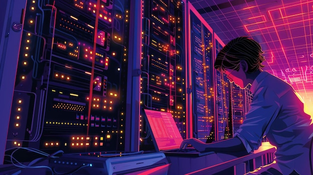 computer engineer optimizing database performance on a laptop with an extensive array of data servers in the background ai generated