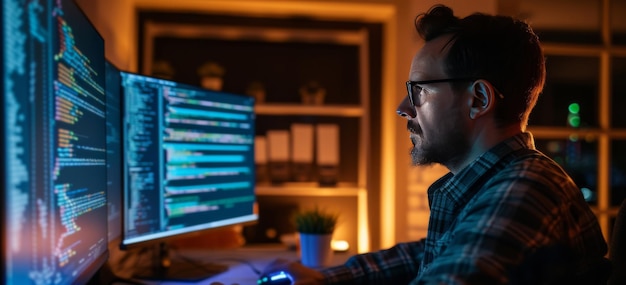 Computer engineer working on code at night