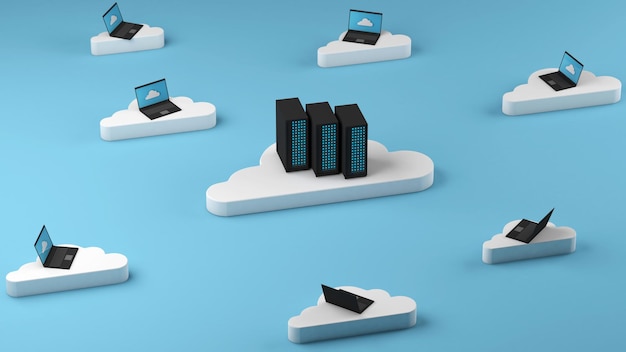 Computer equipment on clouds model over blue background