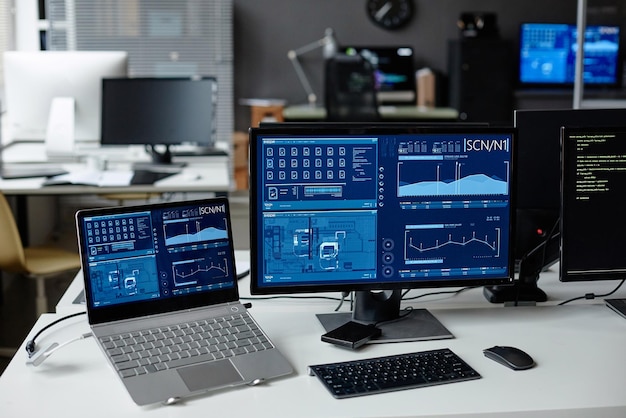 Computer equipment on desk in cybersecurity office