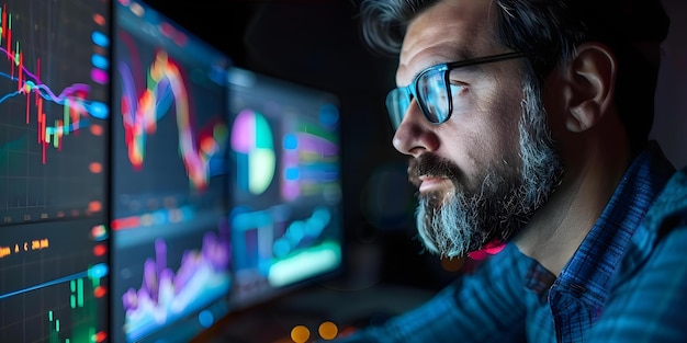 computer expert analyzing graphs and statistics on computer displays concept computer displays data visualization statistical analysis graph interpretation technology expertise