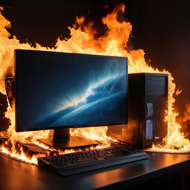 Foto computer on fire desktop pc server