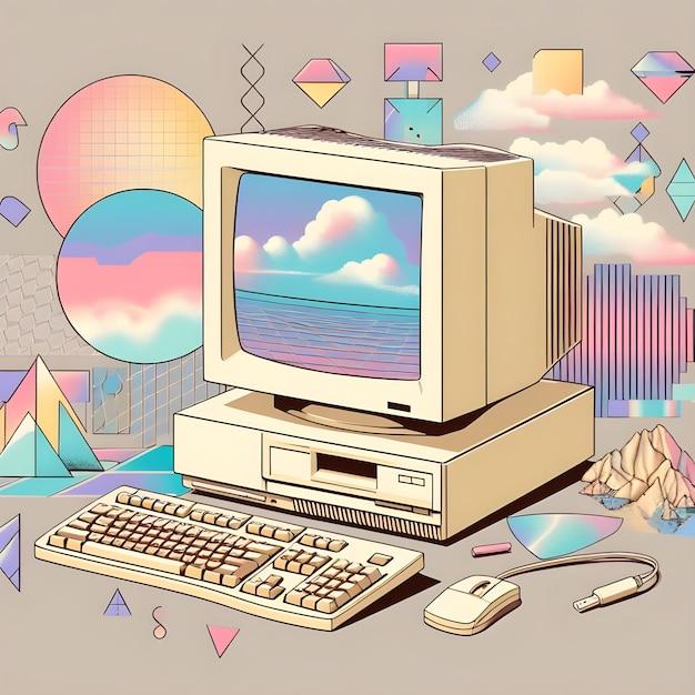 Photo a computer from the 90's in the style of vaporwave