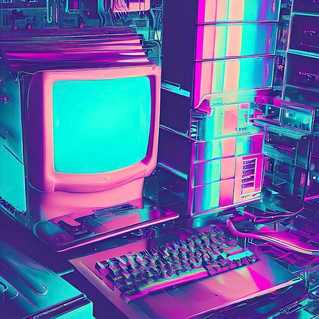 Photo a computer from the 90039s in the style of vaporwave