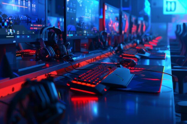 a computer game room with many computers and keyboards