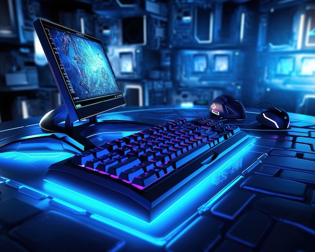 Фото Компьютерный игровой компьютер на игровом столе в темной комнате ai