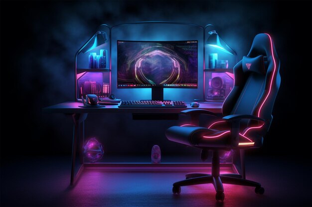 computer gaming-pc op een game in een donkere kamer met neonlichten