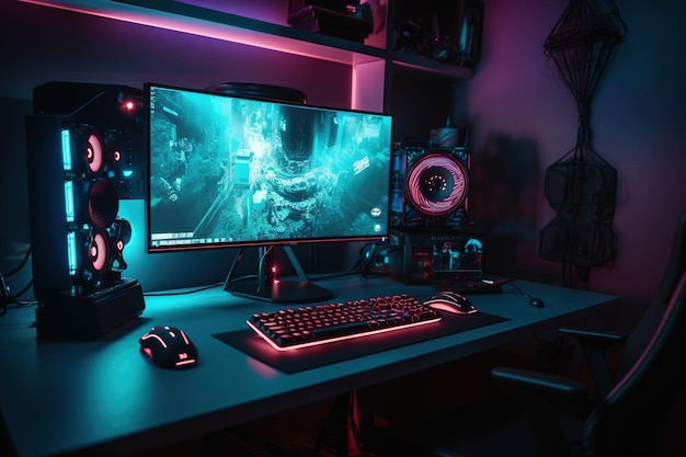 Computer gaming pc on a video game table in a dark room with neon light futuristic modern workplace