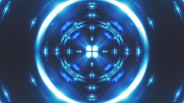 Computer gegenereerde fractal blauwe caleidoscopische achtergrond van fonkelende blauwe lichten 3D-rendering