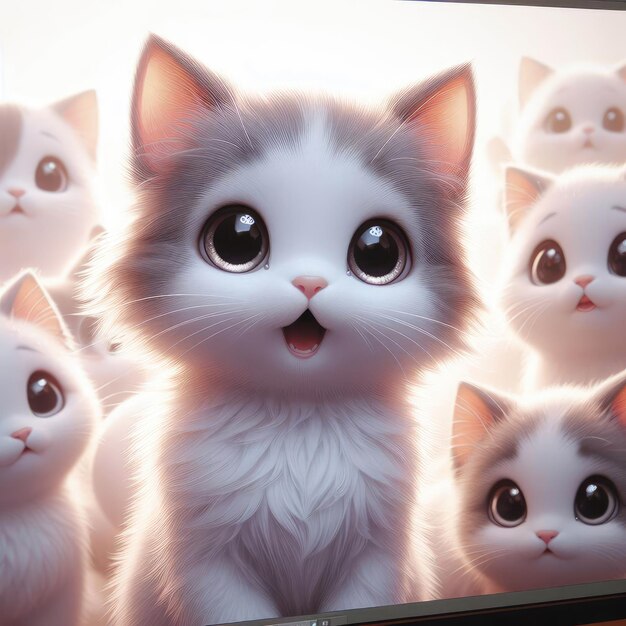 A computer generated illustration featuring a group of cute fluffy kittens