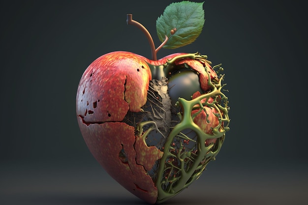 A computer generated image of an apple with a broken heart.