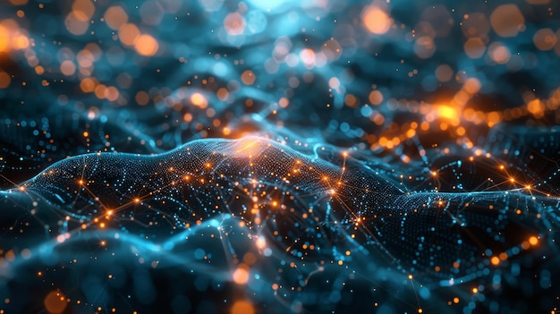 a computer generated image of a blue and orange wave with many small dots the image has a futuristic