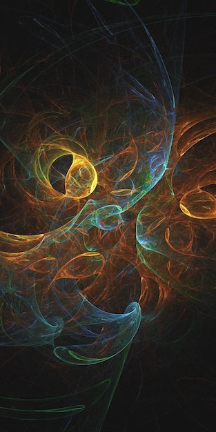 A computer generated image of a fractal with a red, orange, and blue design.