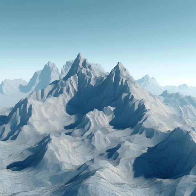 コンピューターが生成した、頂上に雪が積もった山脈の画像。