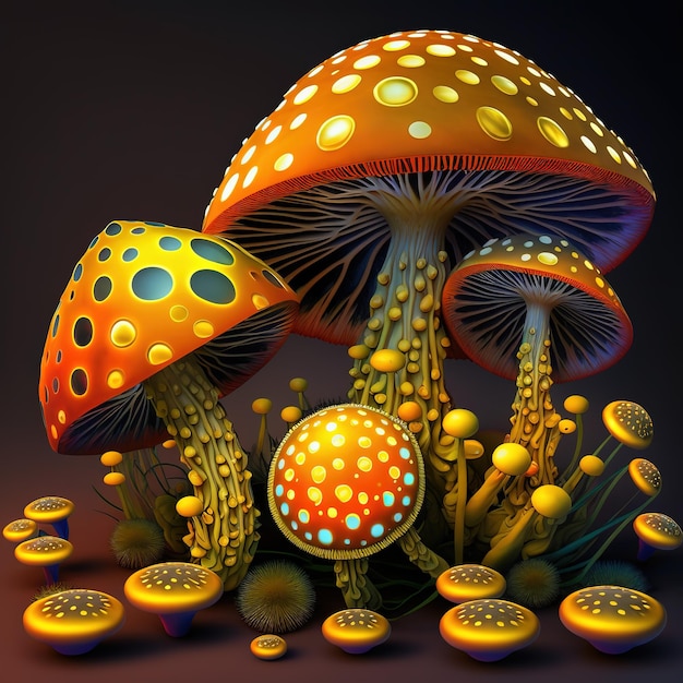 A computer generated image of mushrooms with yellow dots and blue dots.