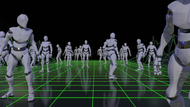 Сгенерированное компьютером изображение роботов, бегущих по сетке.
