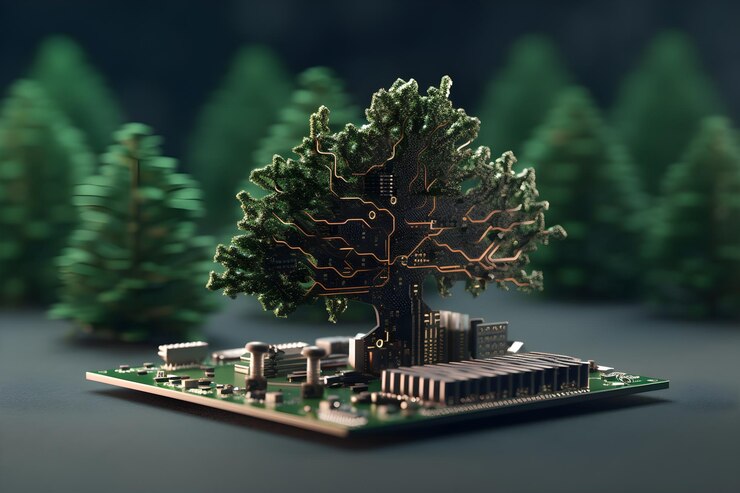 Photo a computer generated image of a tree with a circuit board in the background.