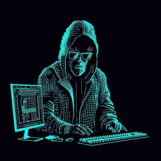 Компьютерный хакер в стиле ascii, мультяшный неоновый генеративный ИИ