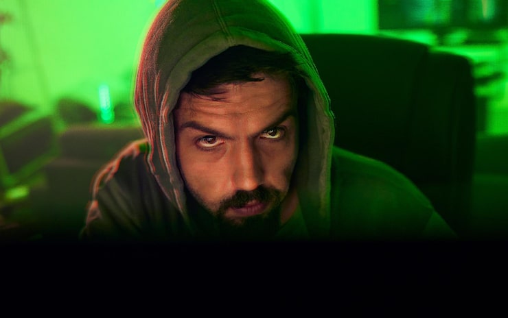 Photo computer hacker face or neon man hacking online database software website server or password phishing green ransomware developer cyber security programming or night programmer coding malware code