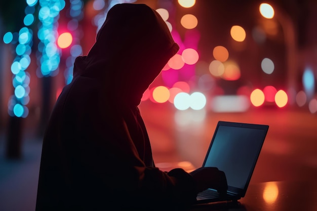 Computer hacker in hoodie with obscured face Hacker attack dark web and cyber security concept Generative AI