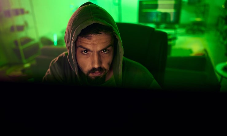 Photo computer hacker night and neon man hacking online database software website server or password phishing ransomware developer cyber security programming and green programmer coding malware code