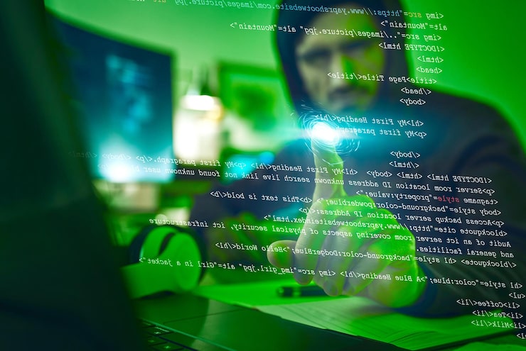 Photo computer hacker virtual touch and man with coding phishing or cybersecurity software dark finger and thief person with information hologram for ransomware access or pc programming data script