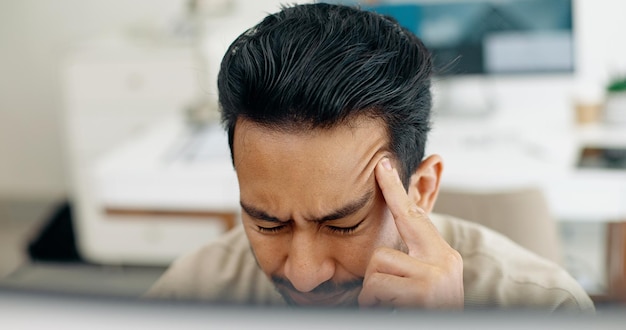 Computer headache and face of businessman stress over bad investment stock market crash or financial economy crisis Burnout migraine and crypto trader with forex bitcoin or NFT trading mistake