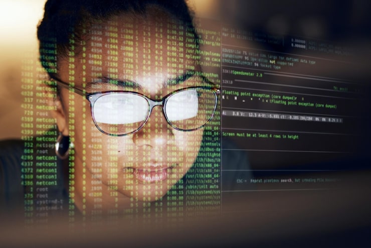 Photo computer hologram script and woman programming software server or coding future cybersecurity night programmer face virtual cloud computing script or african coder reading machine learning ai code