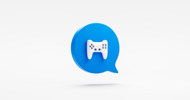 Computer joystick 3d icon controller pc gaming device isolated on white background with blue speech bubble message gamepad gadget symbol or technology game console joypad control gamer wireless stick