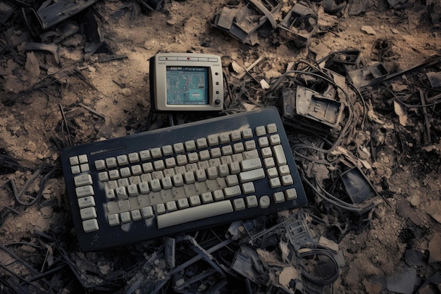 Computer keyboard and computer mouse in the ruins of an old building Aerial view of garbage dump with old computer calculator and calculator AI Generated