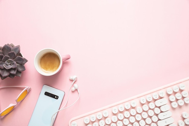 Computer keyboard and succulent plant against pink background