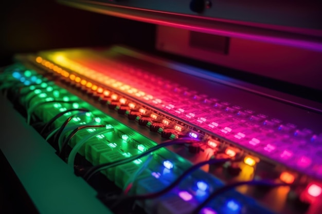 A computer keyboard with colorful lights and a bunch of lights