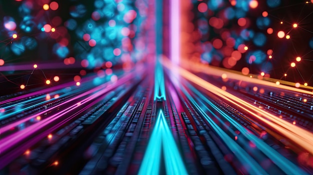 Computer Keyboard With Neon Lights in the Background