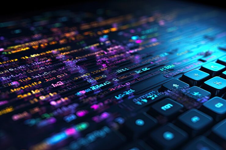 Photo computer keyboard with numbers and letters 3d rendering toned image coding programming developing typing script source languages symbols project data showing in screen close up ai generated