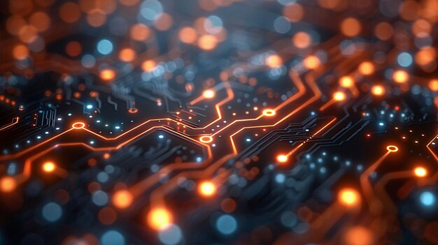 a computer keyboard with orange lights and a red circuit boardneon circuit board lines texture back