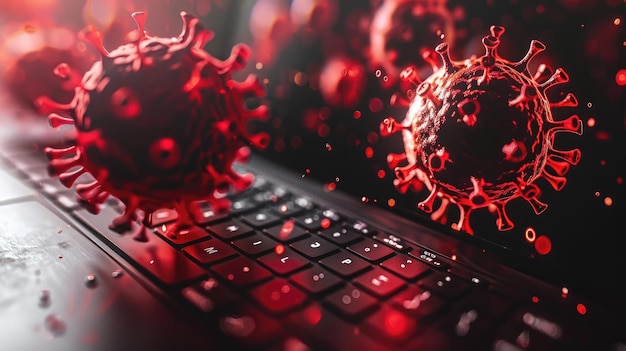 A computer keyboard with two red viruses on it